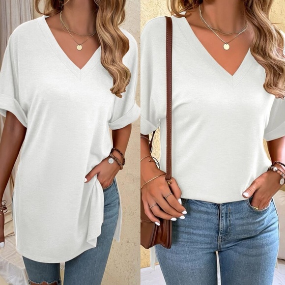 Boho casual V neck side slit oversized top - Picture 1 of 15